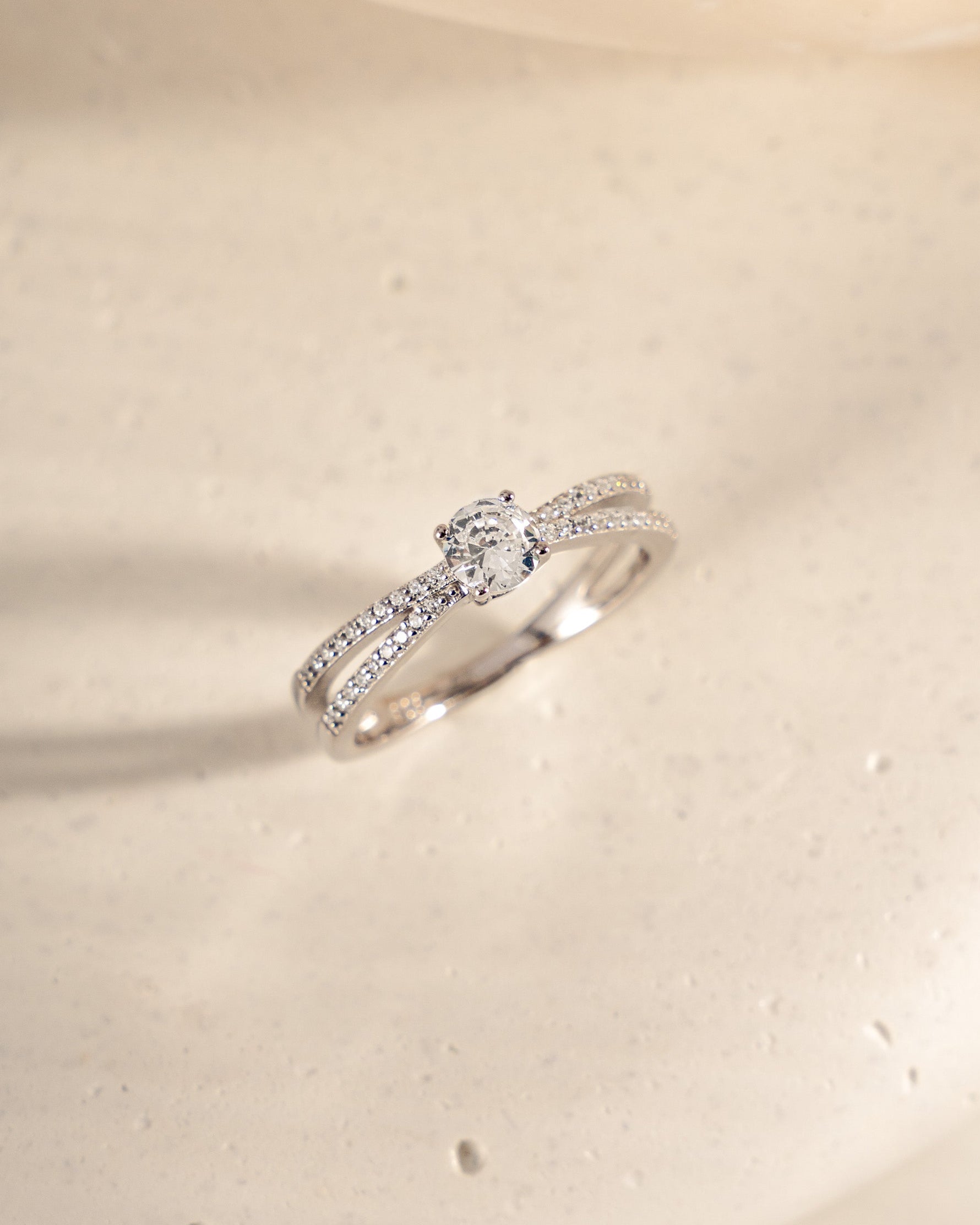 double shank diamond ring in sterling silver top view 