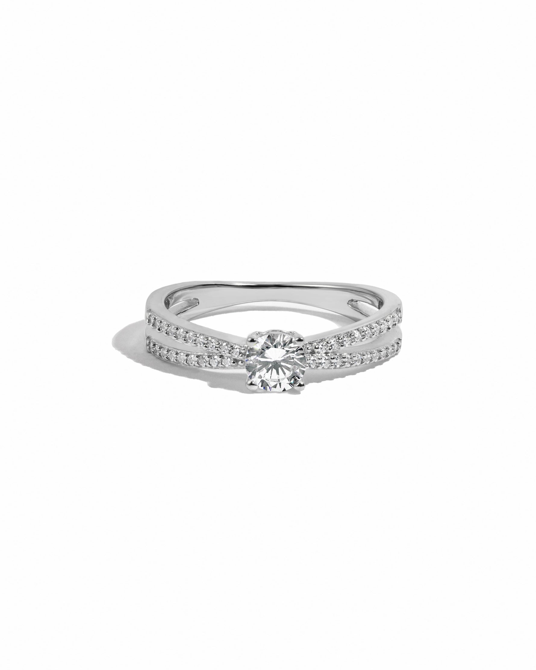 double shank diamond ring in sterling silver on a white background