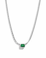 Emerald baguette bezel statement necklace by Samijewels-527 featuring sterling silver setting on a white background.
