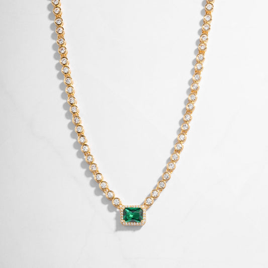 Emerald Tennis Necklace in gold, with emerald pendant surrounded by tiny diamonds. Gift for her from Sami Jewels