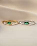 emerald baguette ring w pave diamond ring band in gold and sterling silver closeup