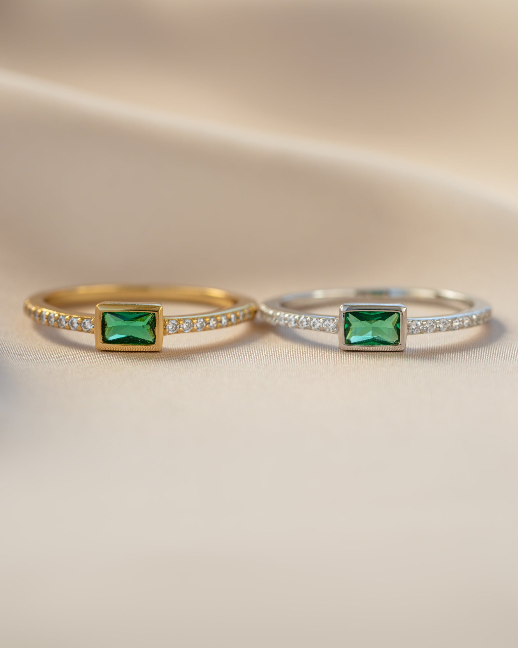 emerald baguette ring w pave diamond ring band in gold and sterling silver closeup