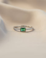 emerald baguette ring with pave band in sterling silver