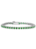Silver emerald tennis bracelet with bezel-set round green stones, white background