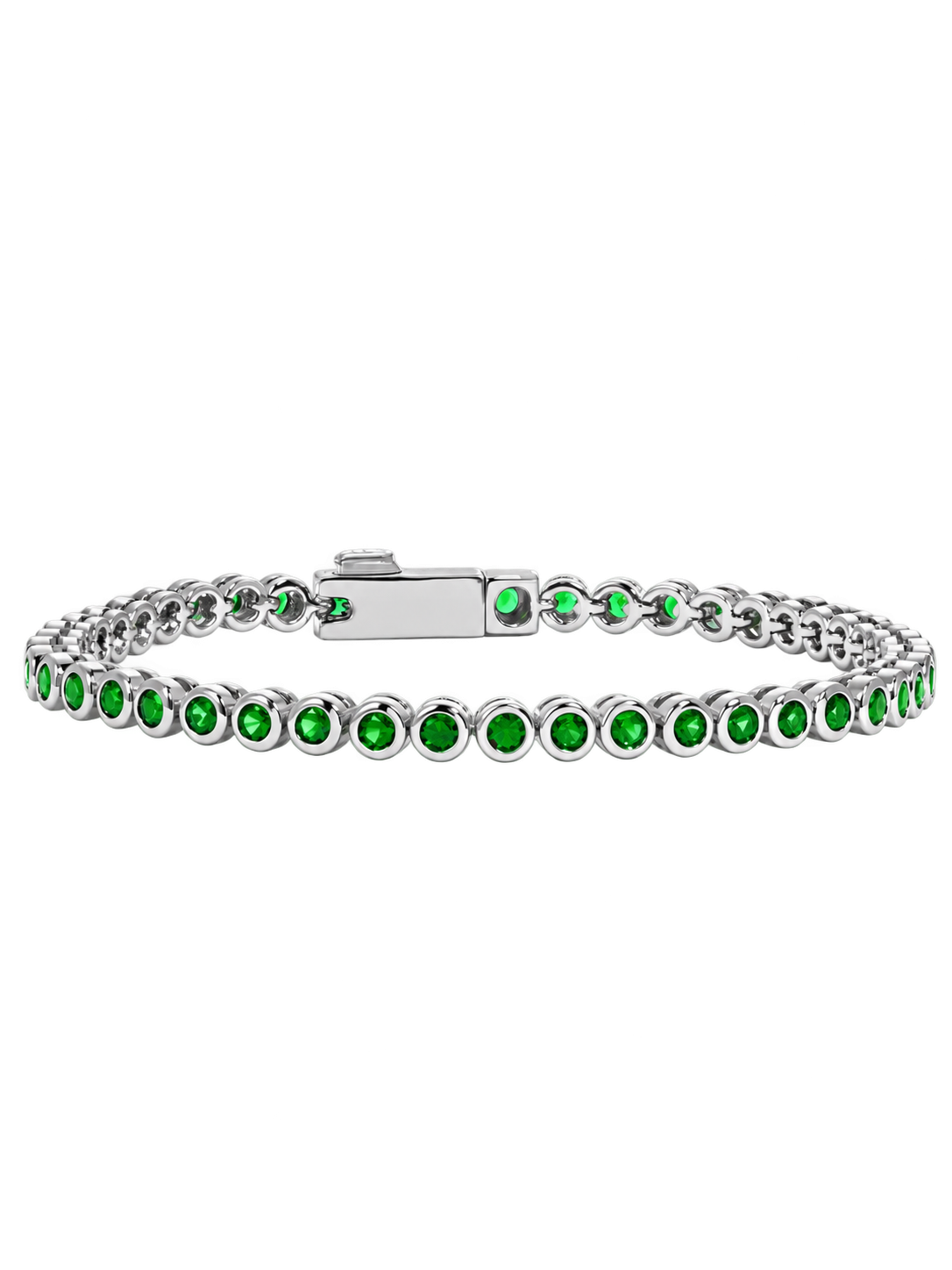 Silver emerald tennis bracelet with bezel-set round green stones, white background