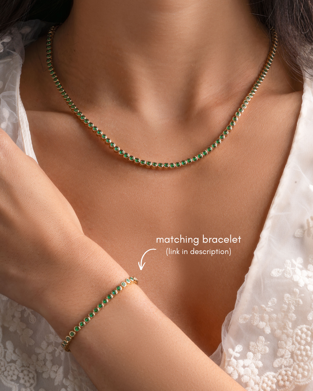 Emerald round bezel tennis necklace and bracet set