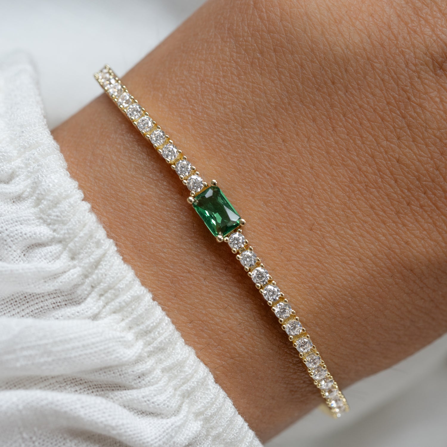 Tennis Bracelet with Emerald Baguette Charm