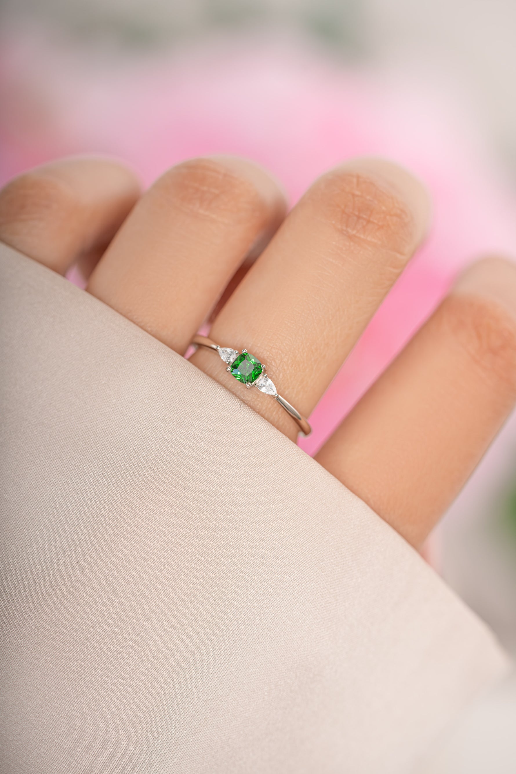 Sterling silver Emerald Cushion Ring by Sami Jewels featuring a vibrant green cushion-cut emerald gemstone.