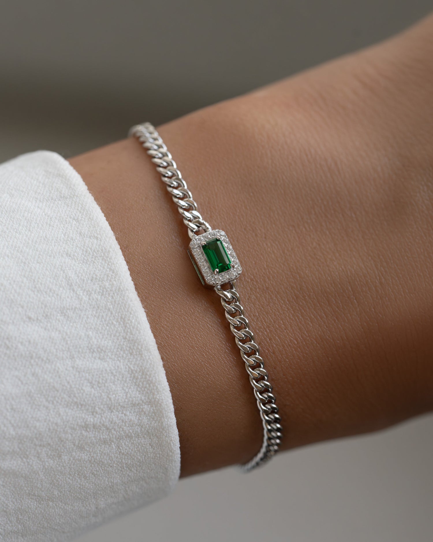 Emerald-Cut Emerald Bracelet with Diamond Halo