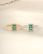 Sami Jewels Emerald CZ ring with emerald-cut green gemstone set in sterling silver and gold accents.