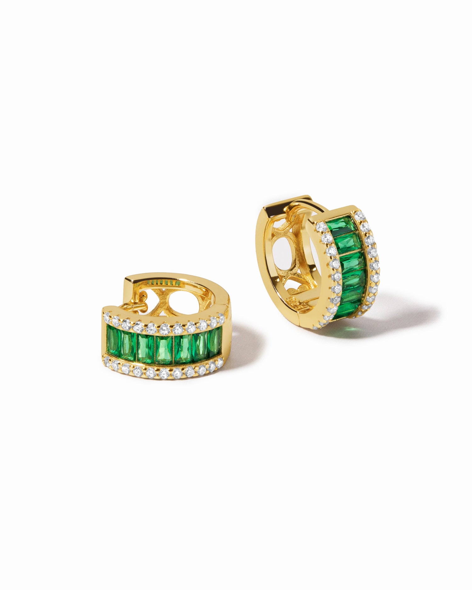 Sami Jewels emerald diamond baguette hoop earrings with gold finish, featuring elegant rectangular cut gemstones on a white background.