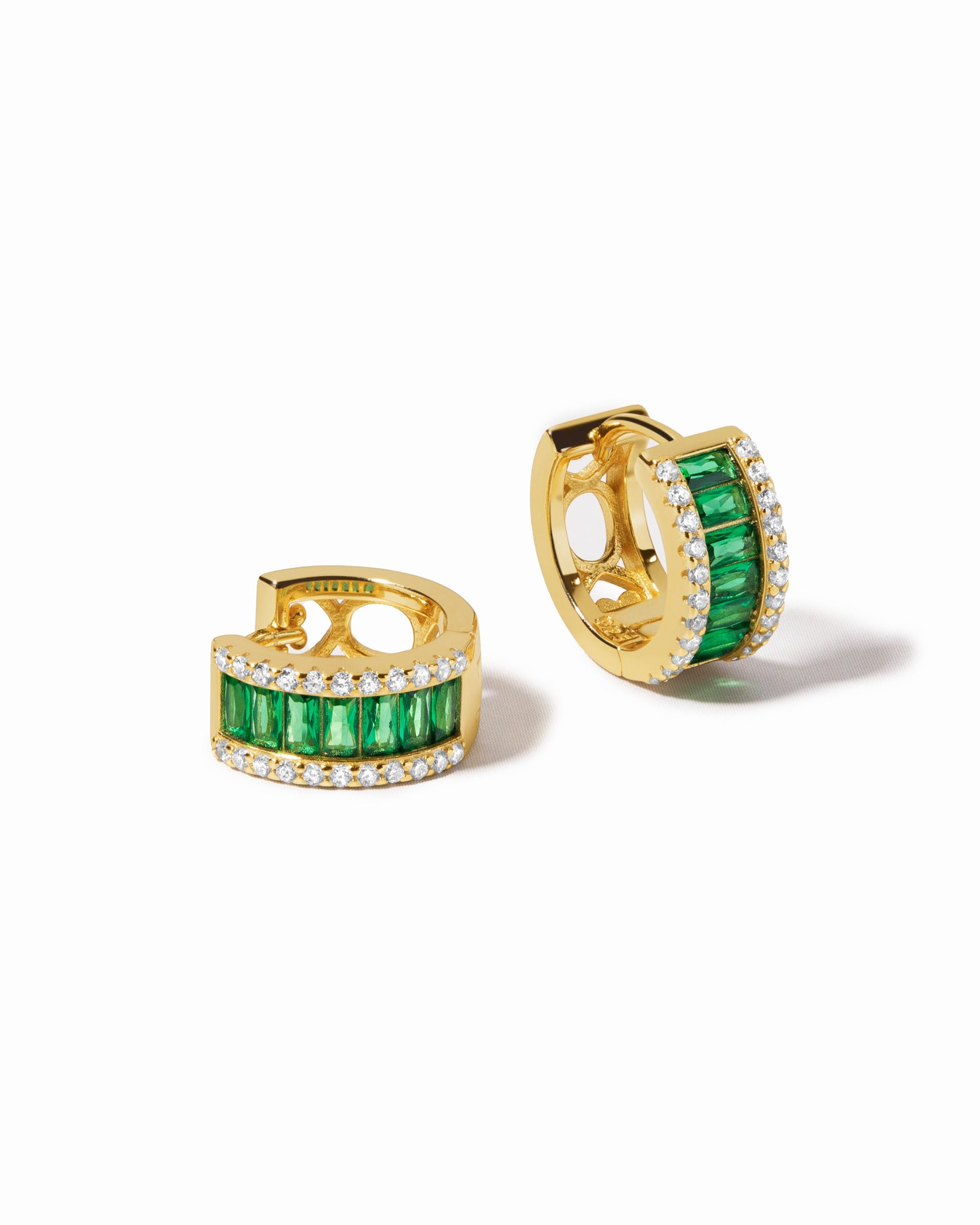 Sami Jewels emerald diamond baguette hoop earrings with gold finish, featuring elegant rectangular cut gemstones on a white background.