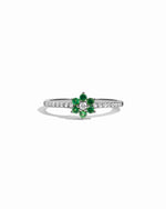 Sterling silver emerald flower ring by Sami Jewels featuring a detailed emerald flower design on a white background.