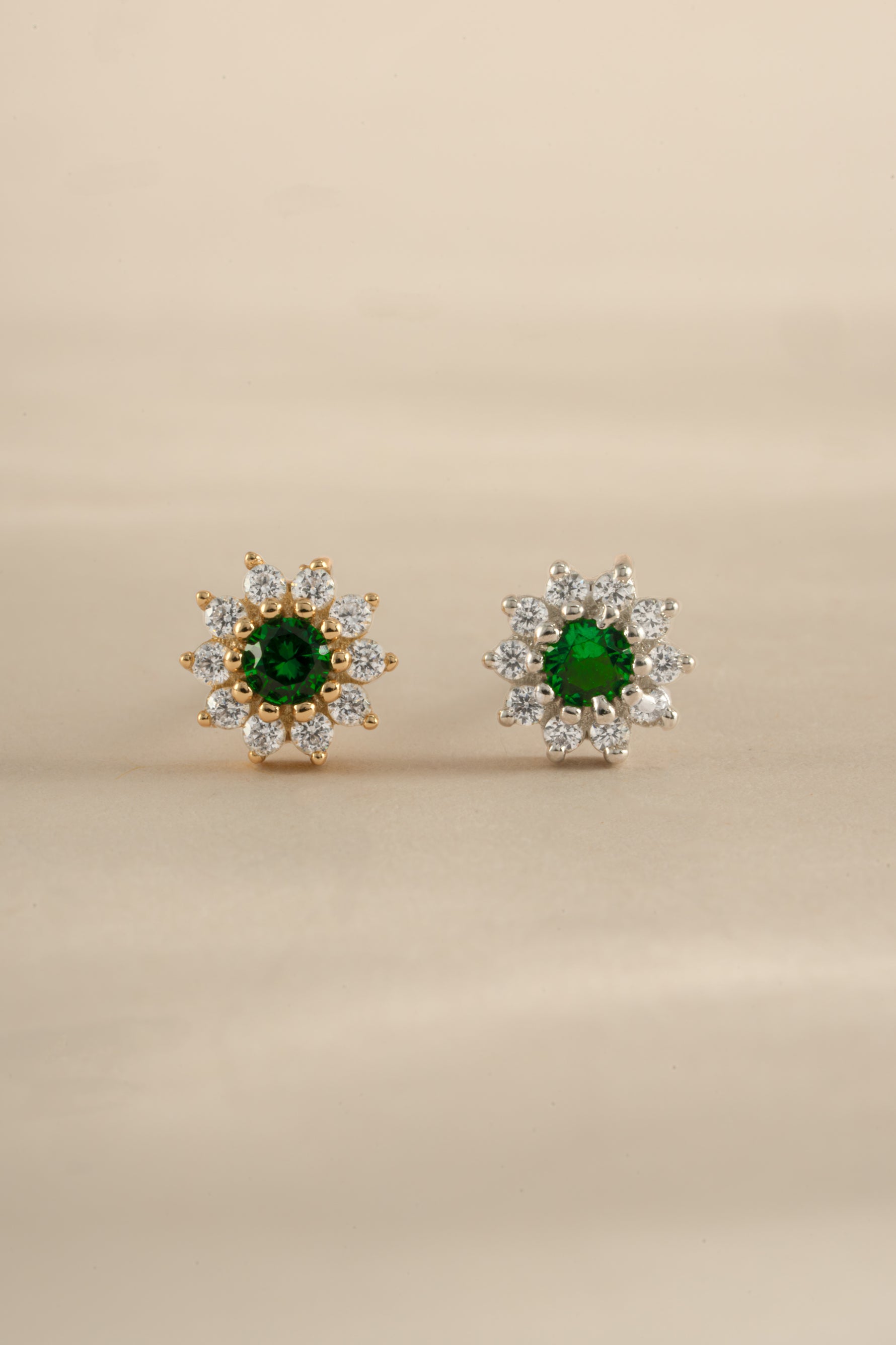 Emerald dainty flower stud earrings by Sami Jewels featuring gold and sterling silver with detailed flower design.