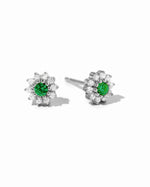 Sami Jewels emerald dainty flower stud earrings in sterling silver on white background