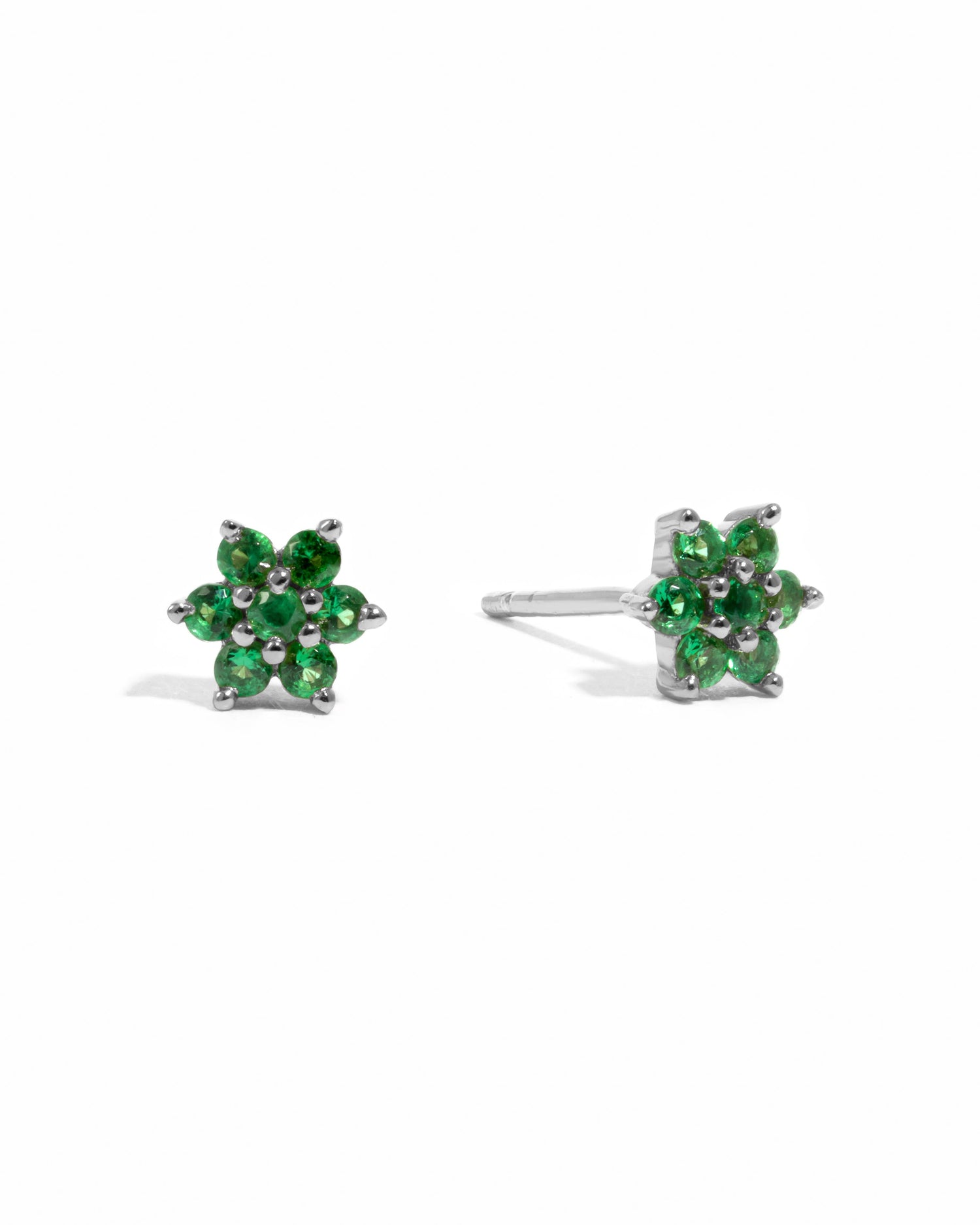 Sterling silver emerald flower studs earrings with detailed petal design, perfect for elegant jewelry collection.