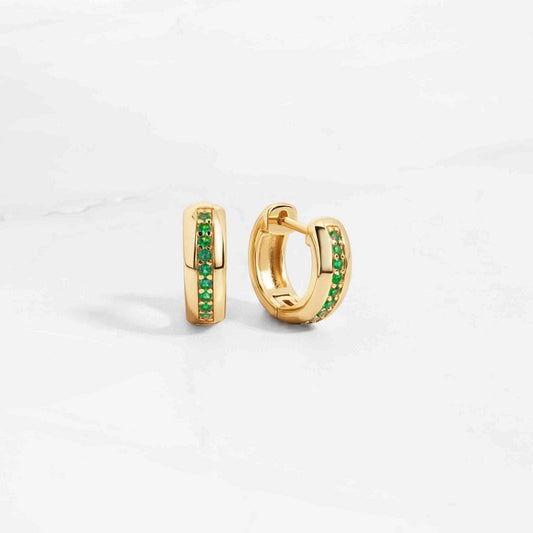 minimalist gold hoop earrings with emerald stones