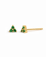 Sami Jewels Tiny Emerald 3 Stone Stud Earrings with gold setting on white background