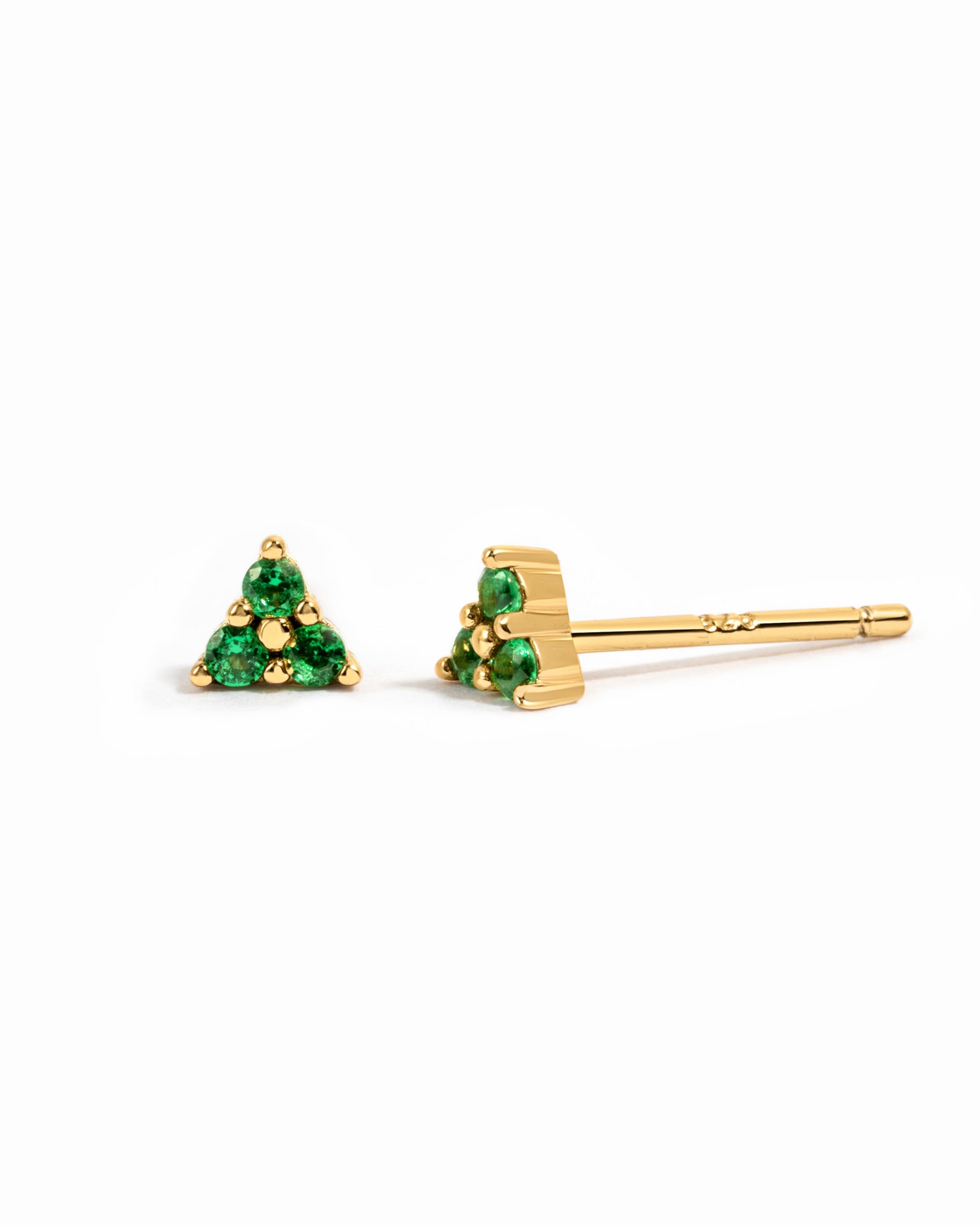 Sami Jewels Tiny Emerald 3 Stone Stud Earrings with gold setting on white background