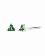 Sterling silver Tiny Emerald 3 Stone Stud Earrings by Sami Jewels with three vibrant emerald stones on a white background.