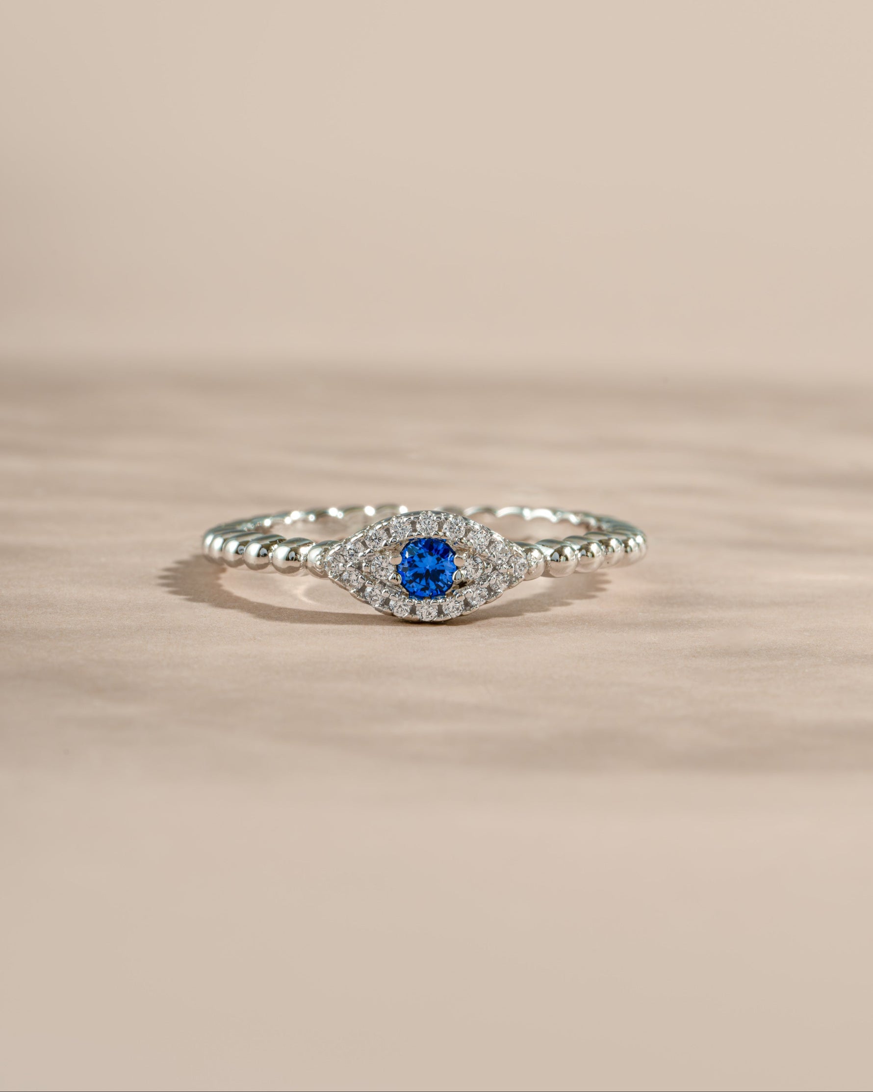 adjustable evil eye ring in sterling silver front view