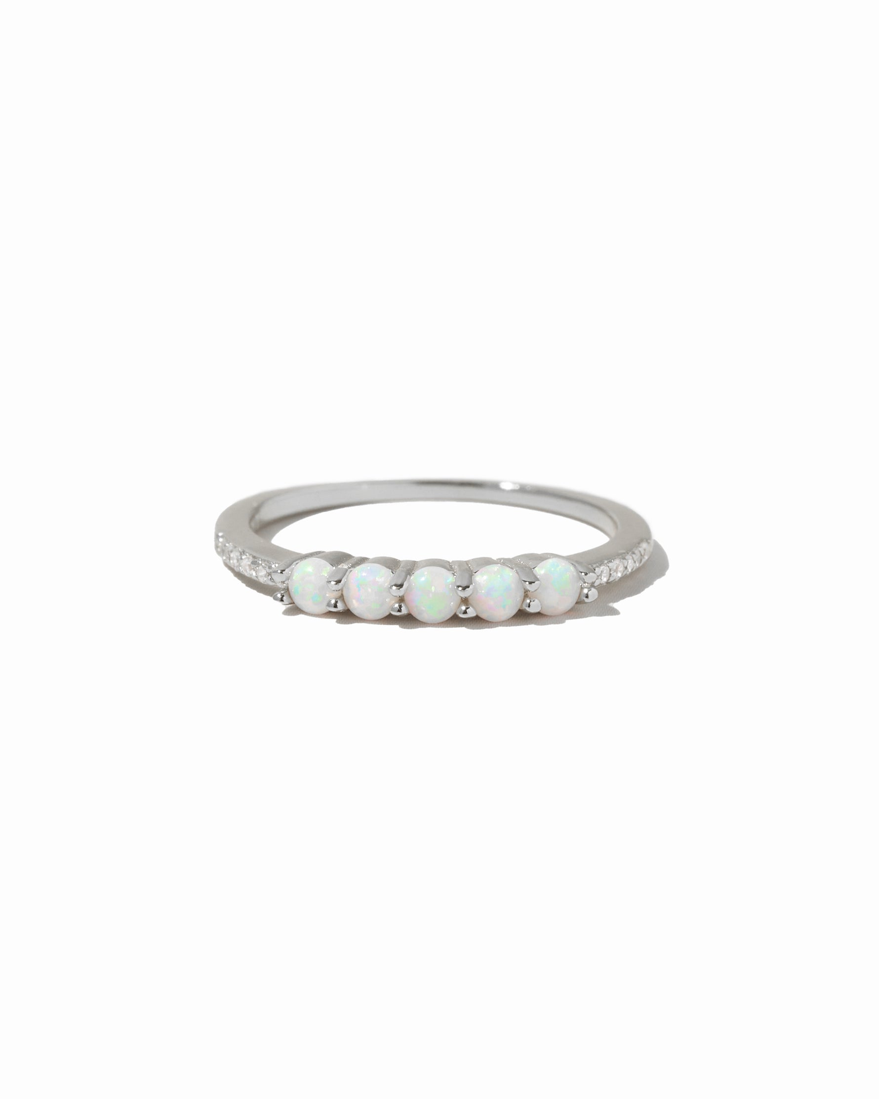 Sterling silver 5-stone opal ring from Sami Jewels with vibrant, colorful opals set in a sleek band on a white background.