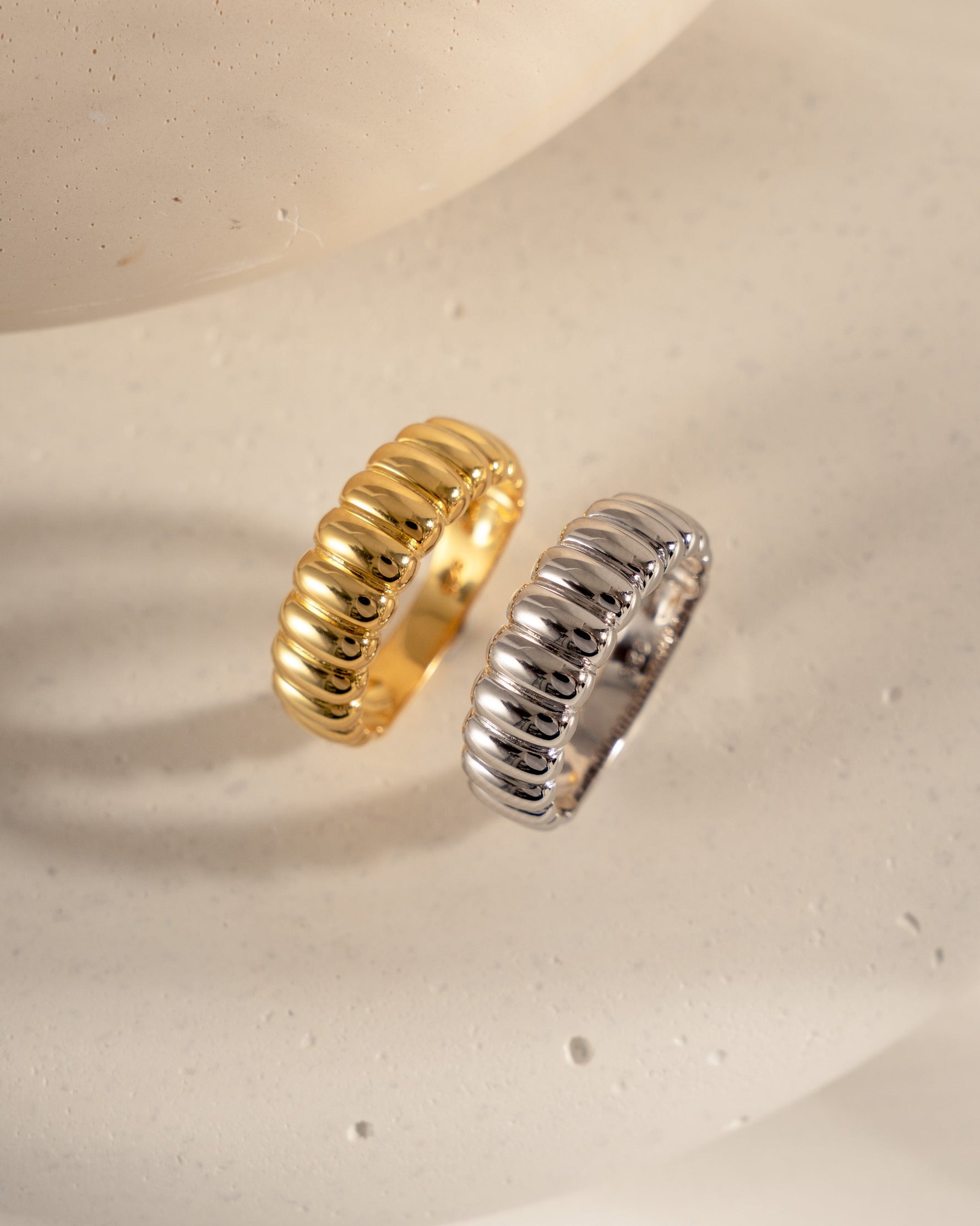 Gold and sterling silver fluted statement ring by Sami Jewels featuring a bold, textured design on a sleek band.