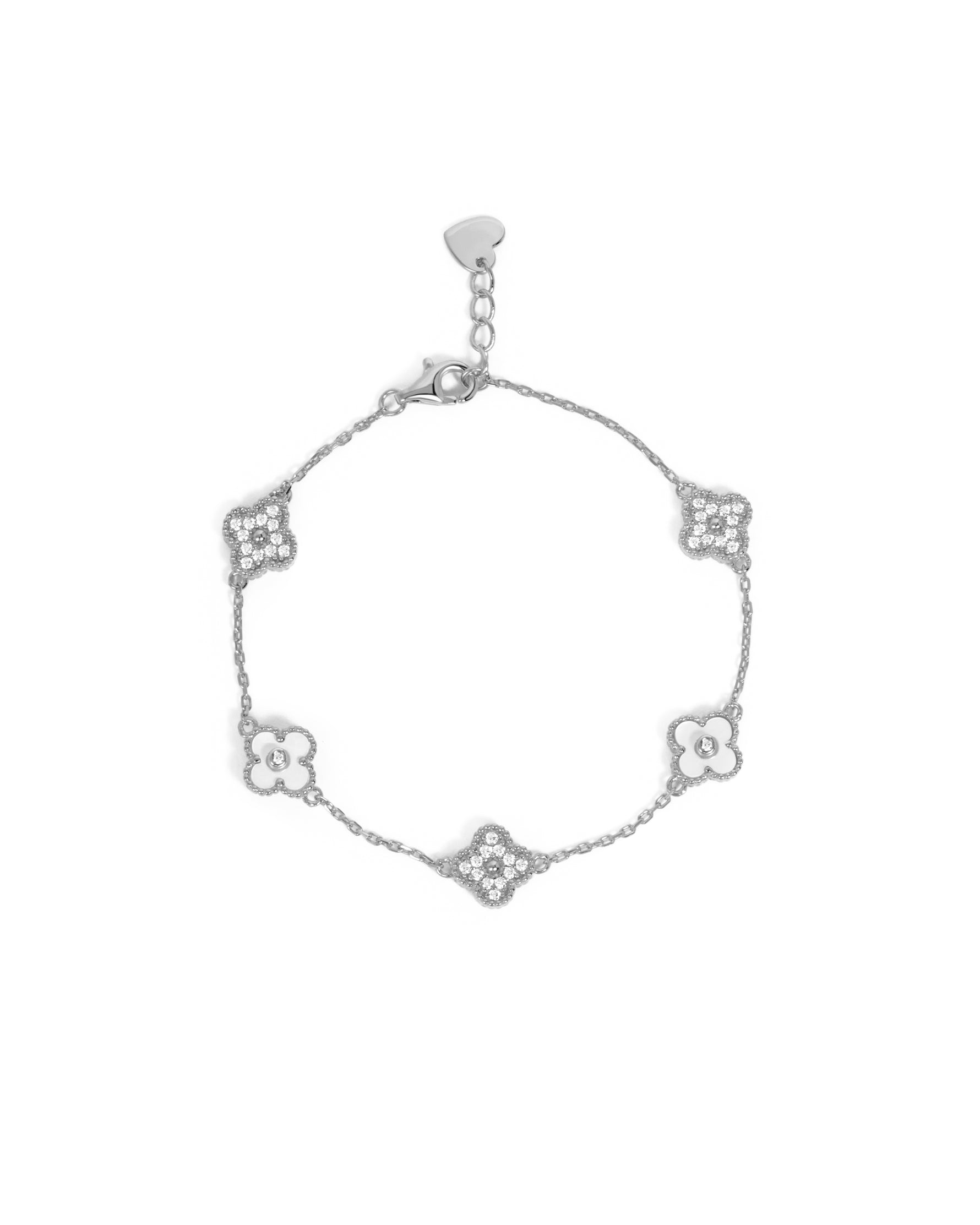 Sterling silver Sami Jewels bracelet featuring a four-leaf clover charm with diamond accents and rhodium plating.