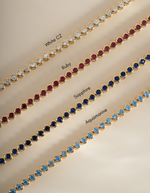 bezel tennis necklaces in diamond, ruby, sapphire or aquamarine colors