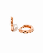 Rose gold geometric pattern huggie earrings by Sami Jewels displayed on a white background.