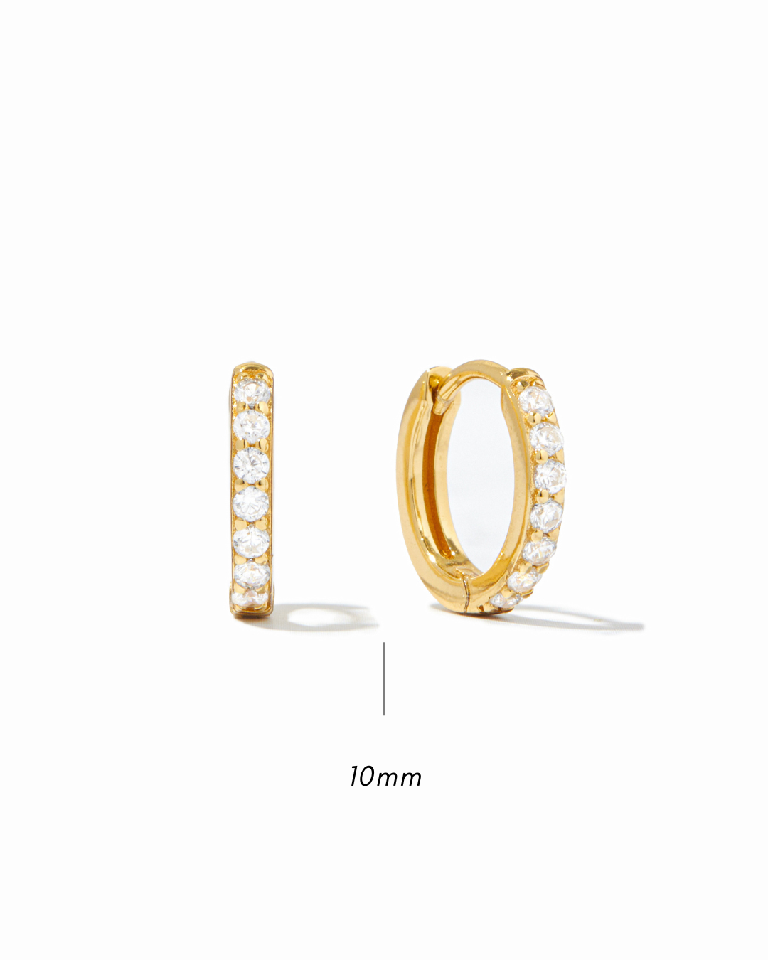 Gold 10mm diamond hoop earring with size white background
