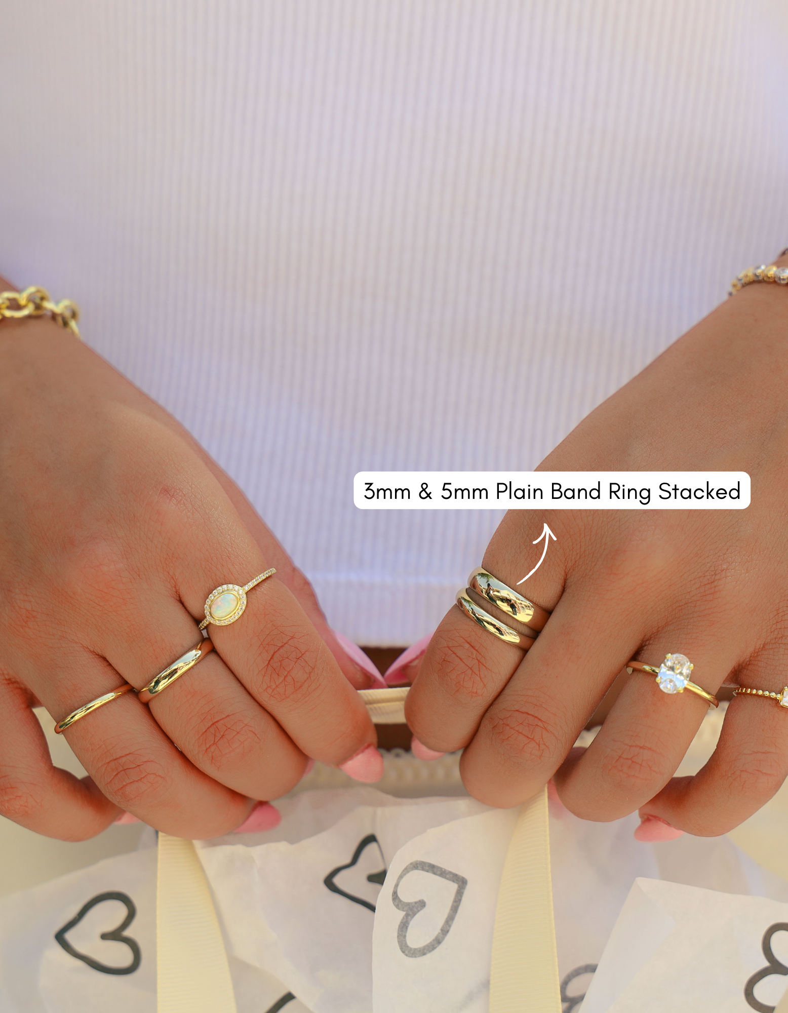 Stacked gold 5mm plain band ring from Sami Jewels, featuring a simple, smooth design perfect for everyday wear.