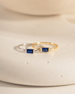 gold and sterling silver sapphire baguette rings front view