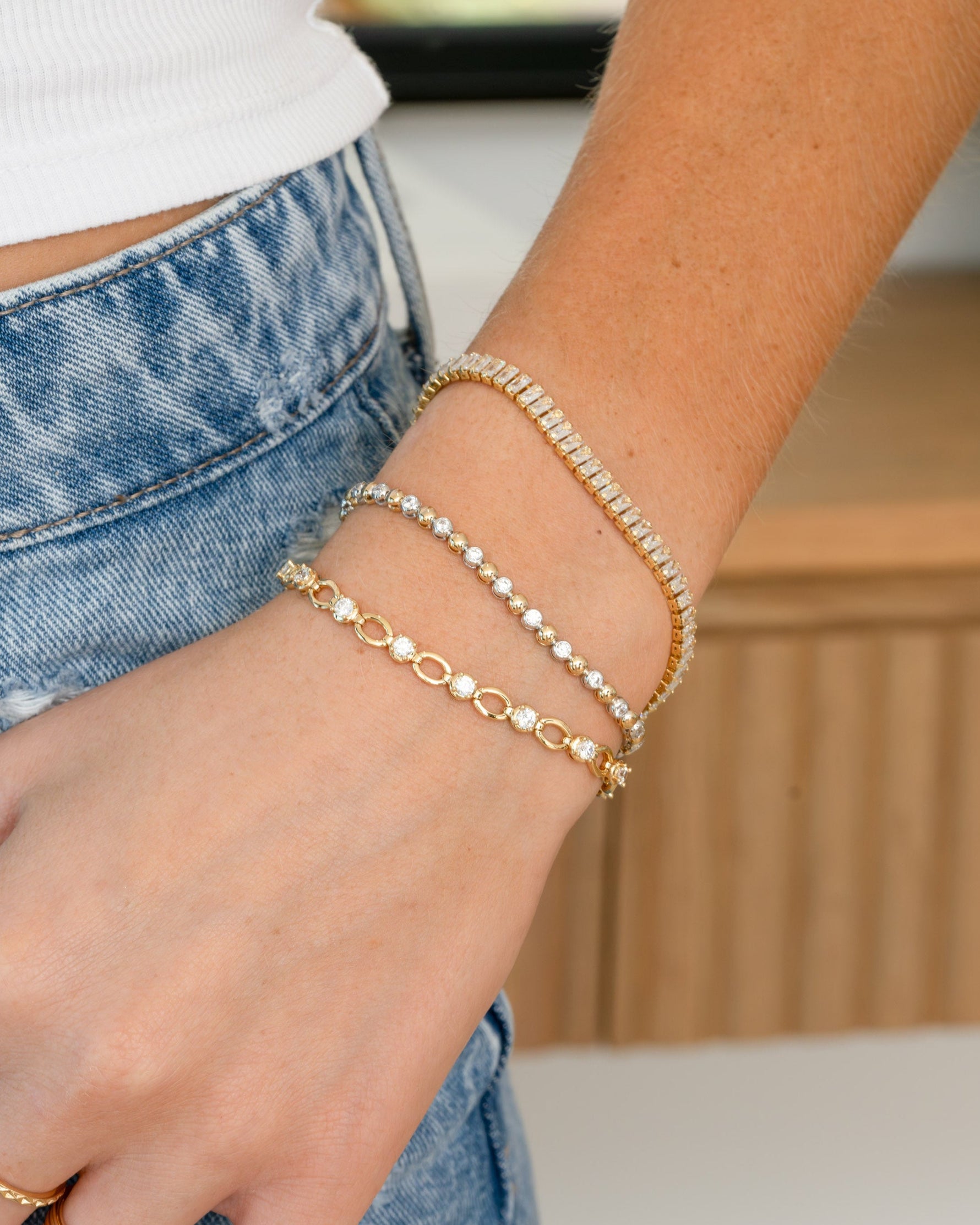 gold chain tennis bracelet stack on model