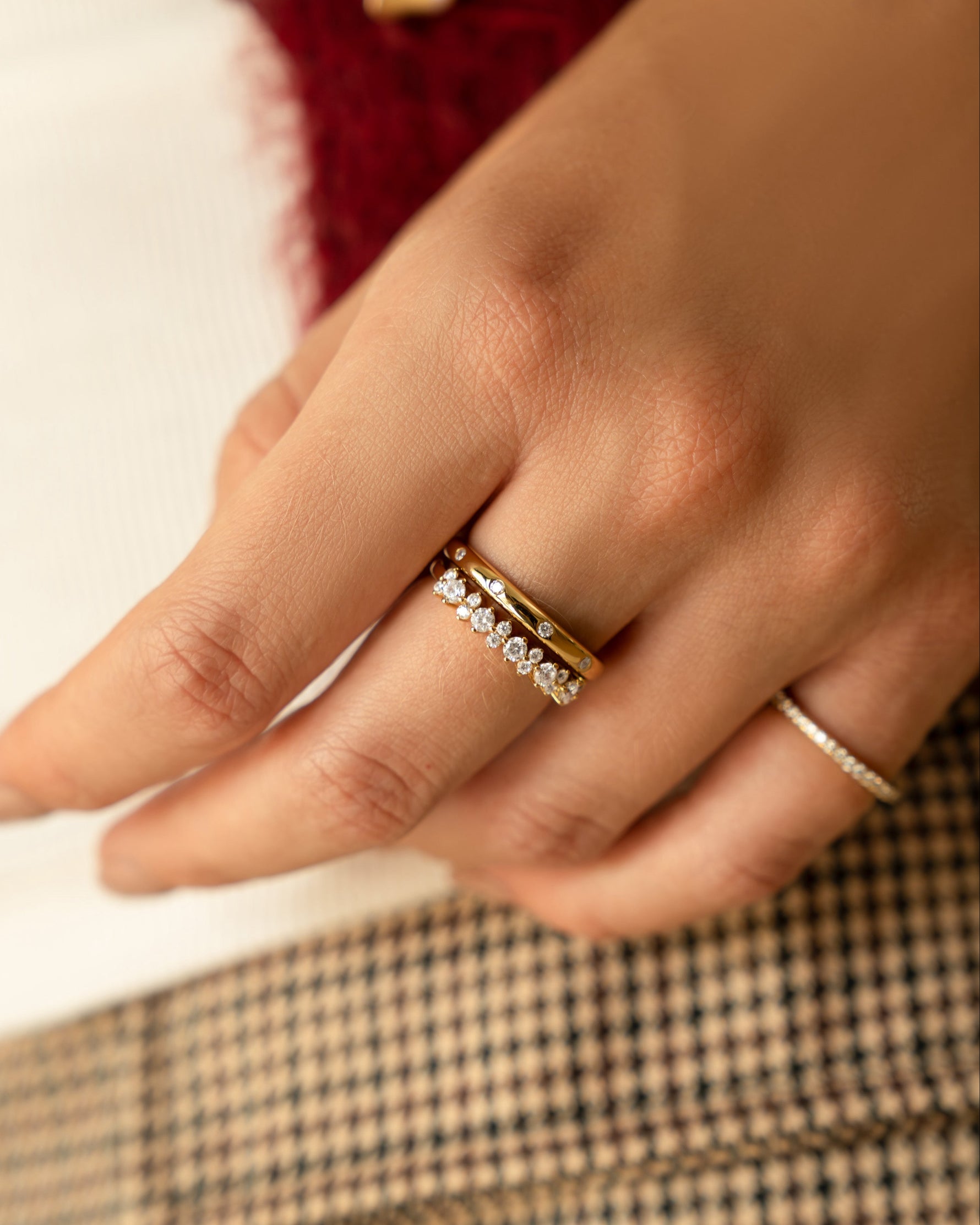 gold cubic zirconia stacking ring on model