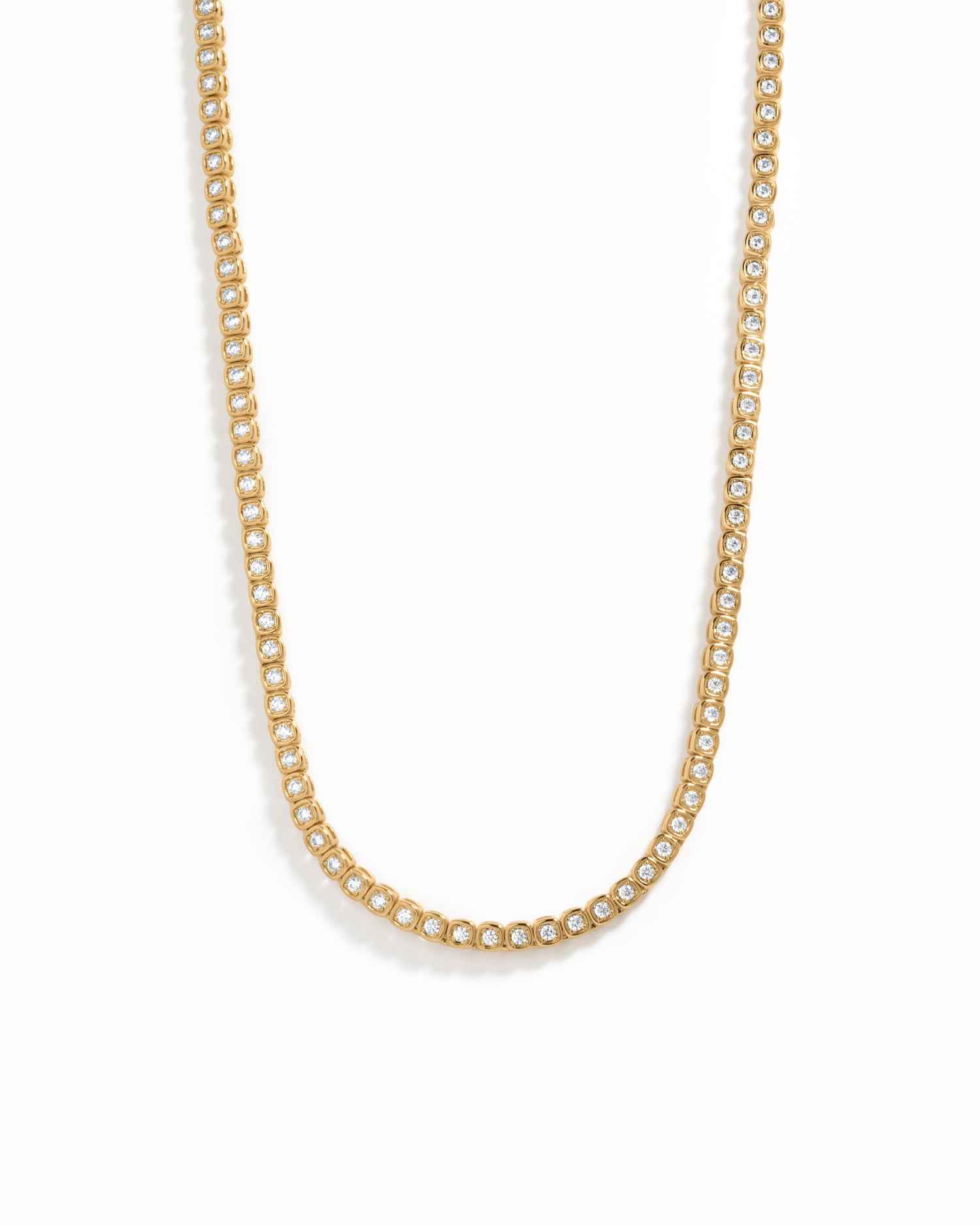 Gold square diamond tennis necklace by Sami Jewels featuring cushion-cut diamonds on a white background.