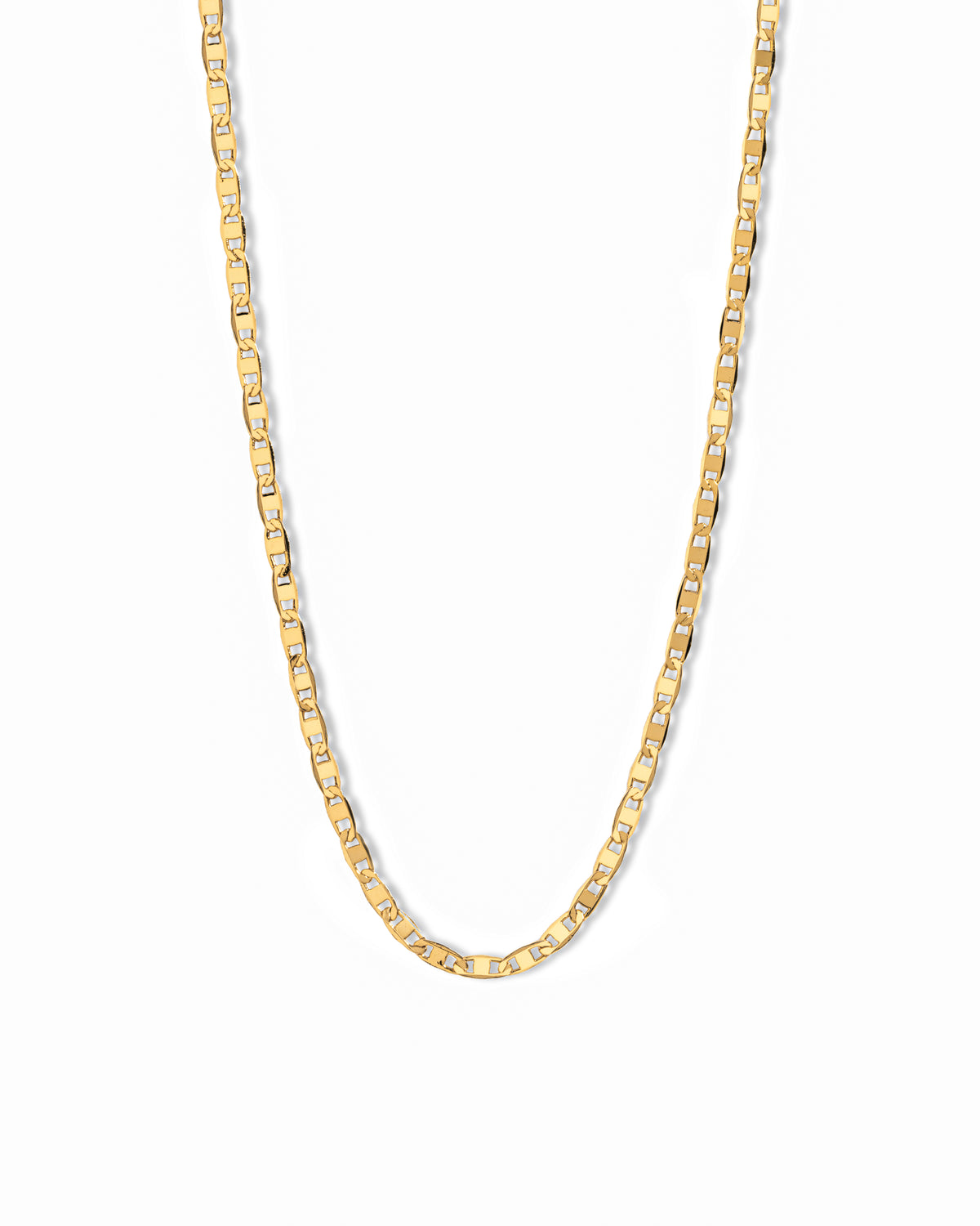 Gold plated mariner chain necklace on white background