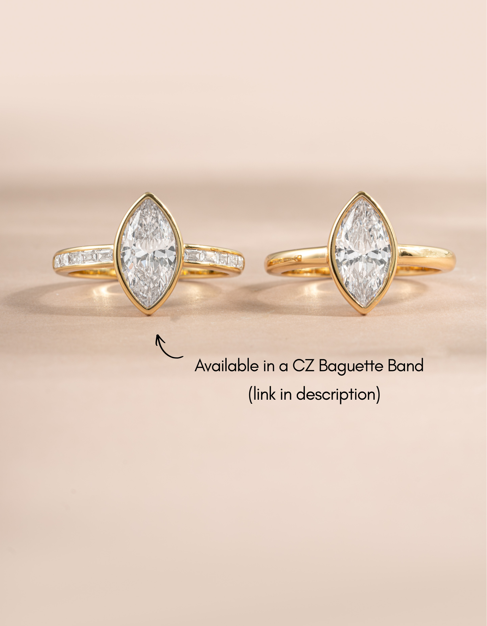 Gold bezel marquise ring by Sami Jewels featuring baguette and plain band styles, showcasing elegant marquise-shaped design.