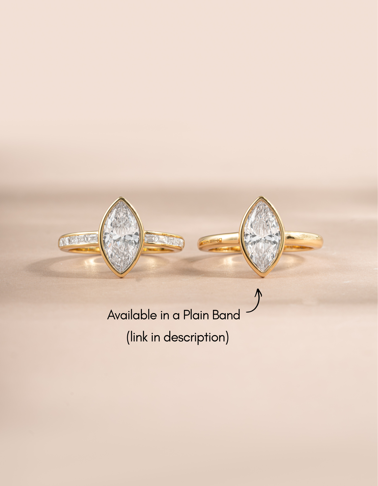 Gold Bezel Marquise Ring with Baguette Band by Sami Jewels, featuring a marquise-shaped centerpiece and baguette accents.