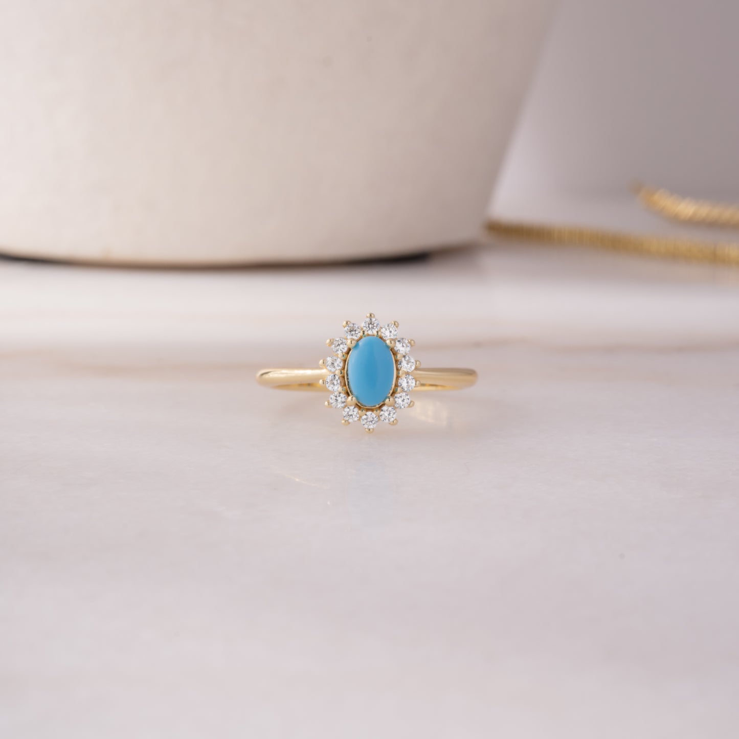 gold turquoise statement ring with diamond halo