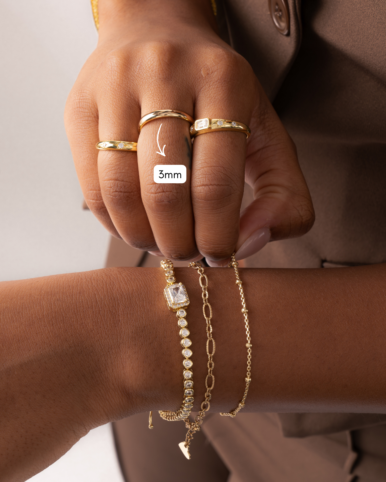 Gold 3mm plain band ring from Sami Jewels, showcasing a simple, smooth gold ring ideal for stacking or everyday wear.