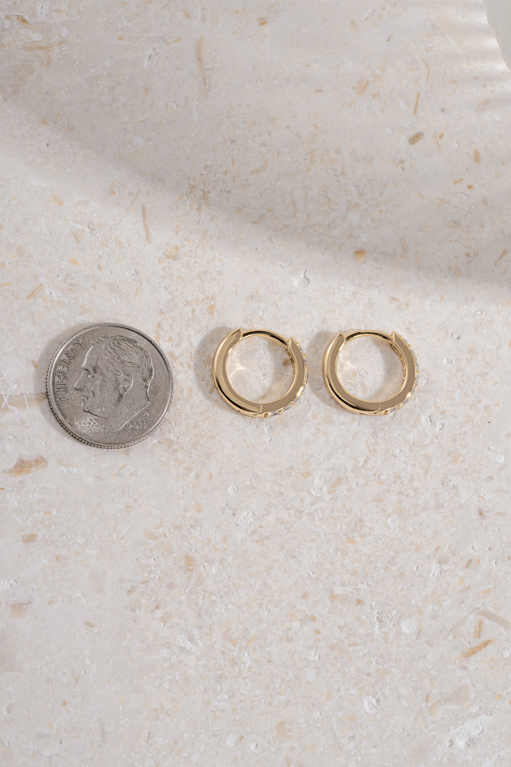 gold plated 10mm studded huggie hoop compares to dime size