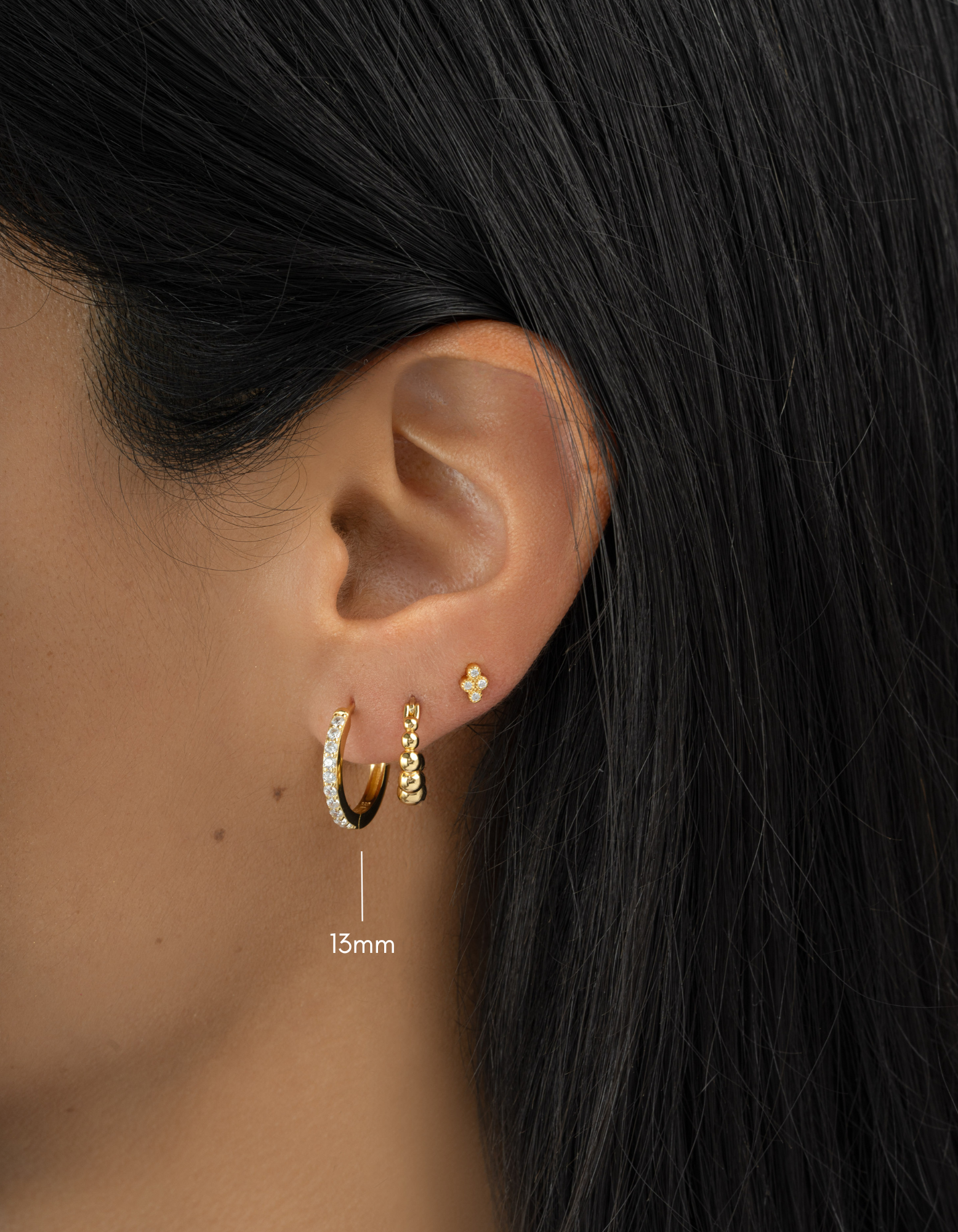 gold plated 13mm studded huggie hoop earring stack model