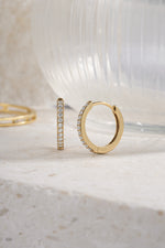 gold plated 16mm studded huggies neutral background