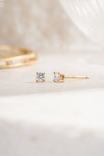 gold plated 3mm diamond solitaire stud earrings white background