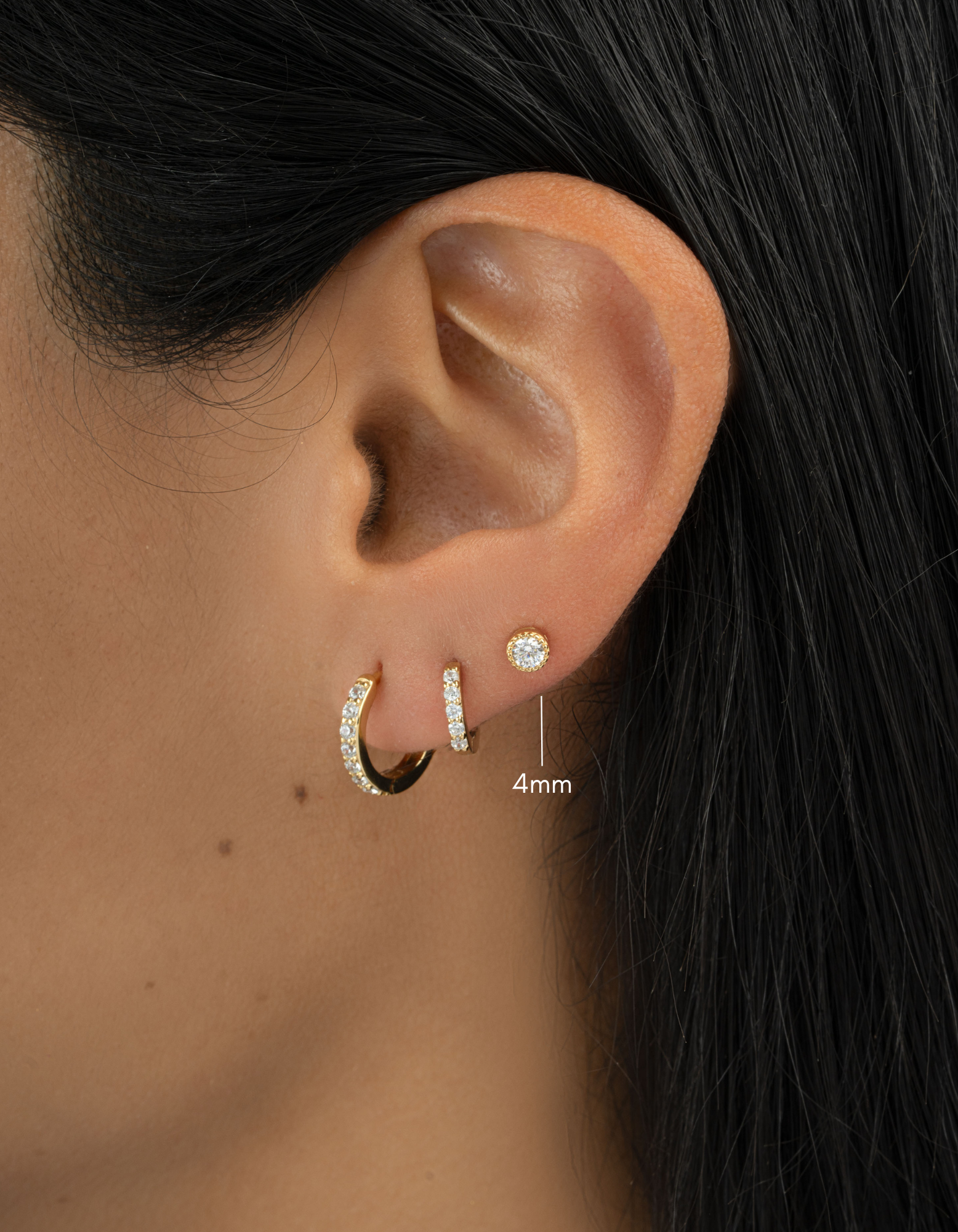 gold plated 4mm diamond stud dainty earring stack model