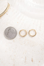 gold plated 8mm diamond studded huggie hoops compared to dime size