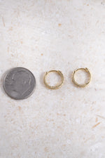 gold plated 9mm diamond studded huggie hoops compared to size of dime 