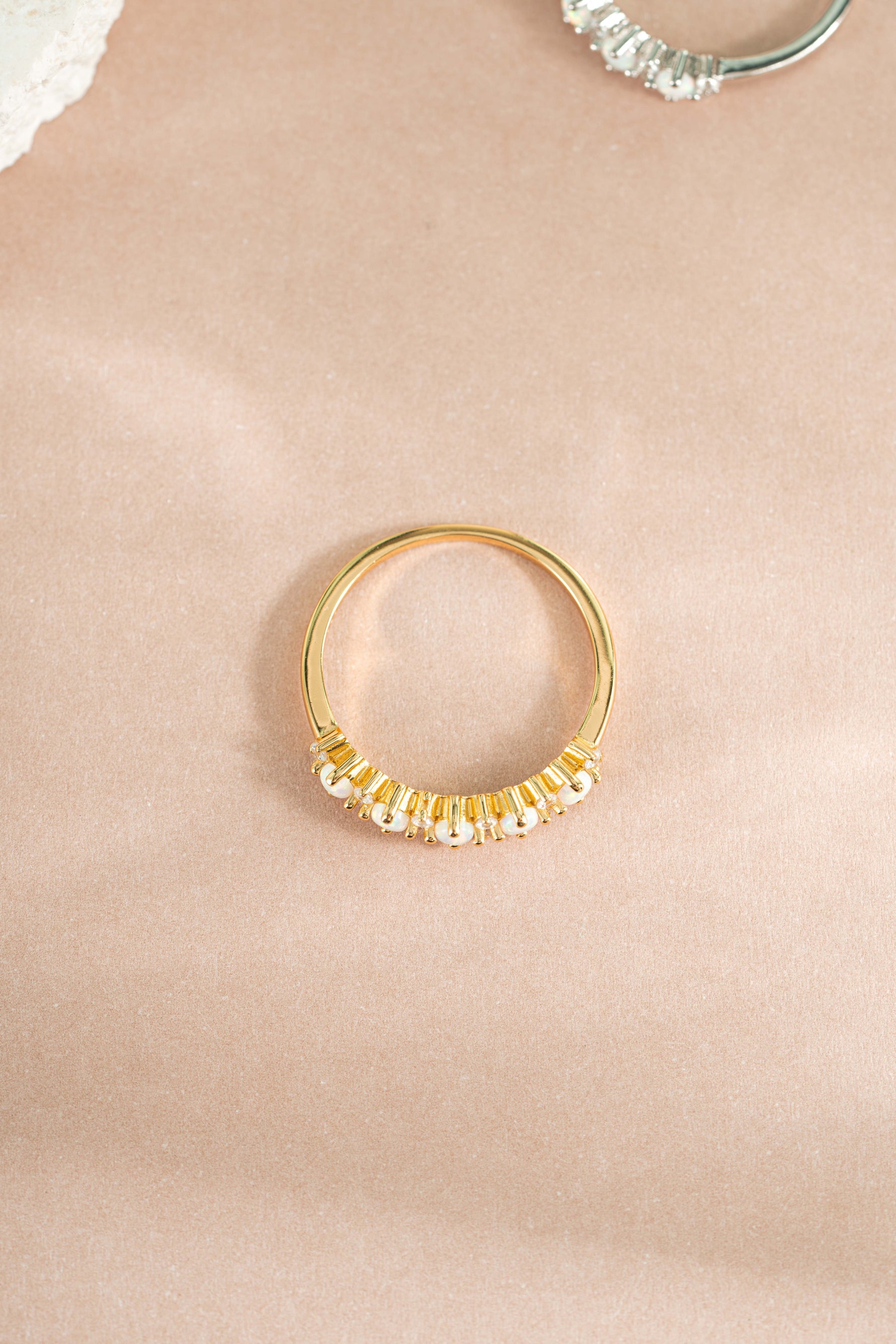 gold opal and cubic zirconia stacking ring profile view 