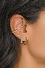 gold plated square hoop earrings, earring stack, on womens ear
